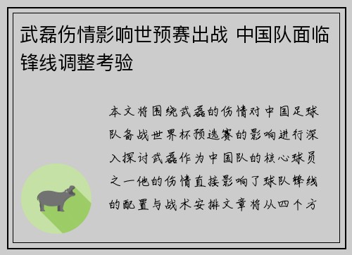 武磊伤情影响世预赛出战 中国队面临锋线调整考验