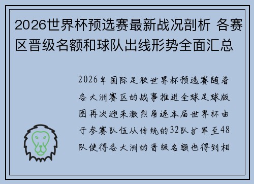 2026世界杯预选赛最新战况剖析 各赛区晋级名额和球队出线形势全面汇总 2026世界杯预选赛最新战况剖析 各赛区晋级名额和球队出线形势全面汇总