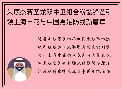 朱辰杰蒋圣龙双中卫组合崭露锋芒引领上海申花与中国男足防线新篇章